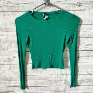 Green Ribbed Long Sleeve Crop Top